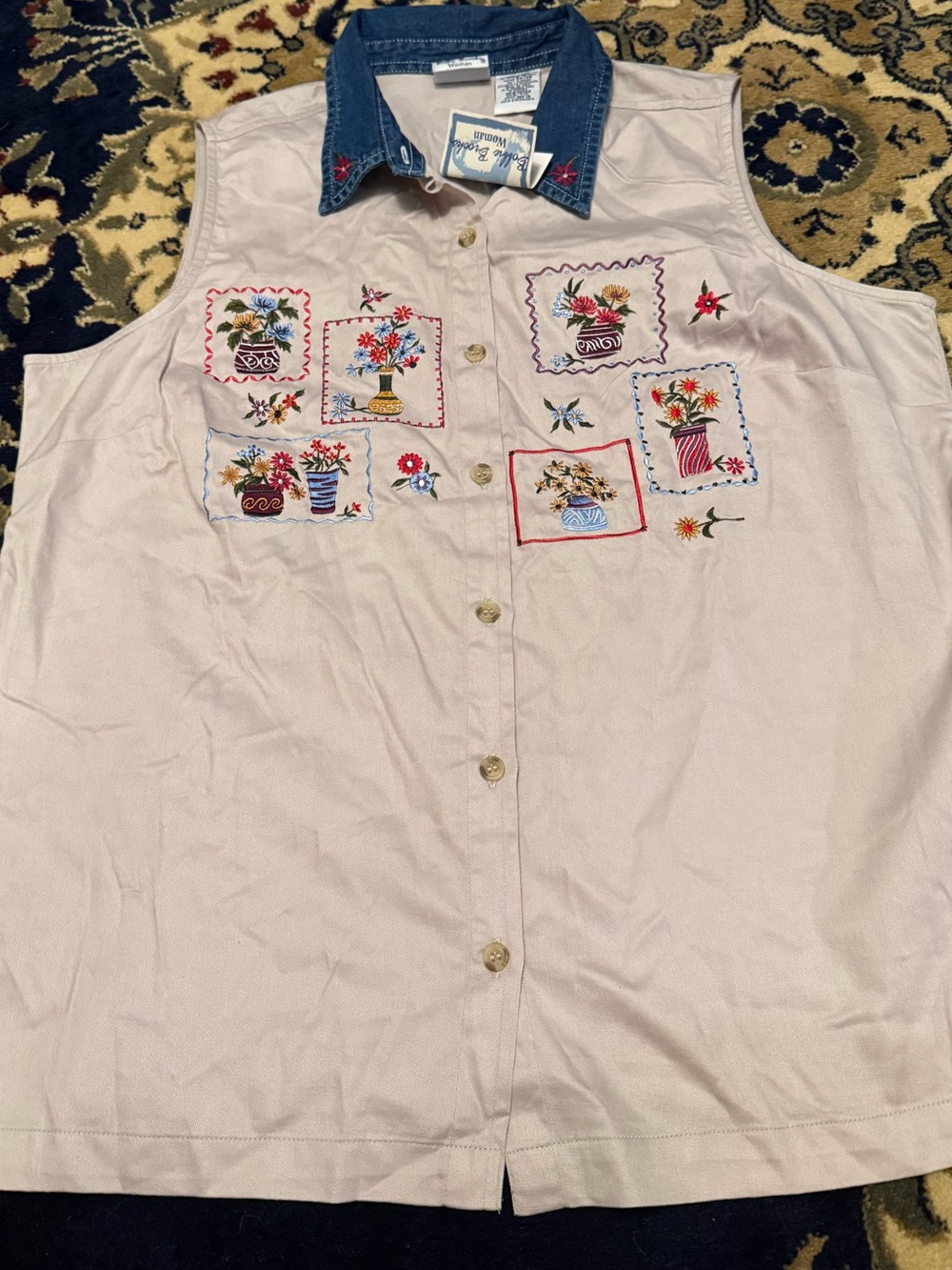 Embroidered Sleeveless Button-Front Top with Denim Collar - Dead Stock